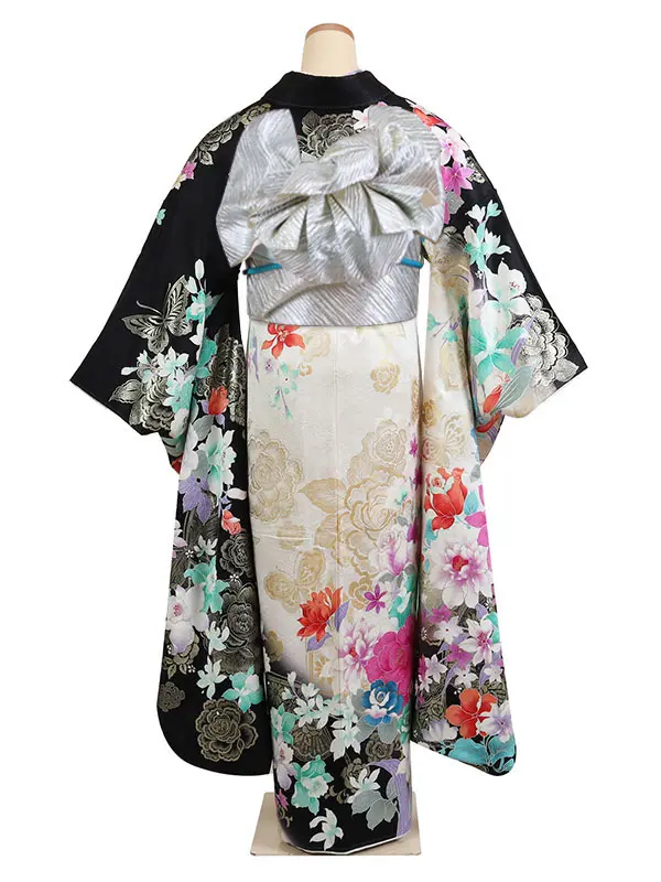 振袖 黒系 洋花に蝶 0955