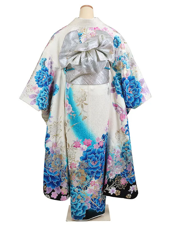 振袖 白系 大輪の牡丹に蝶 0957