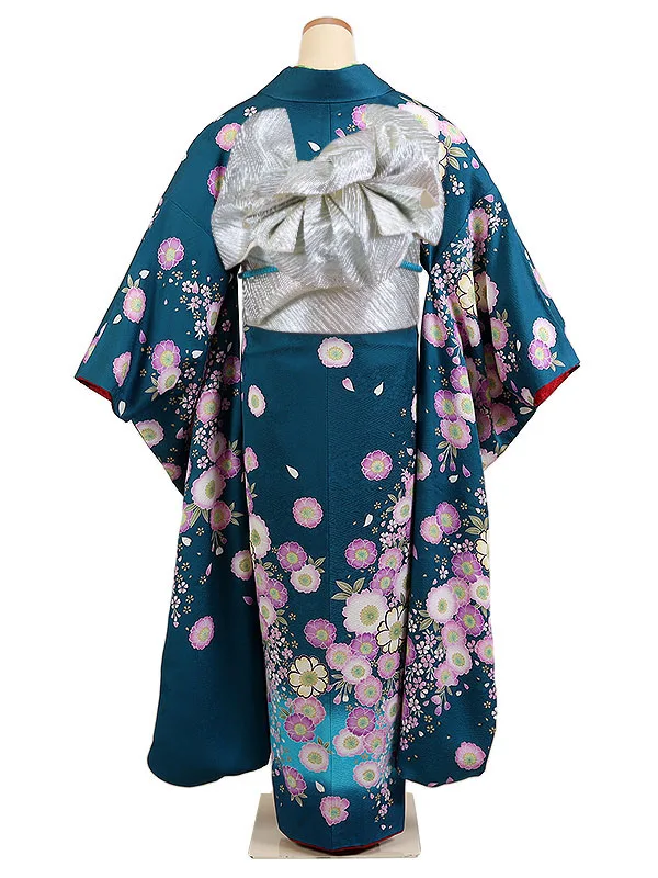 振袖 青系 薬玉に八重桜 0969
