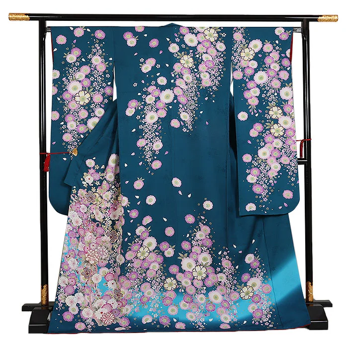 振袖 青系 薬玉に八重桜 0969