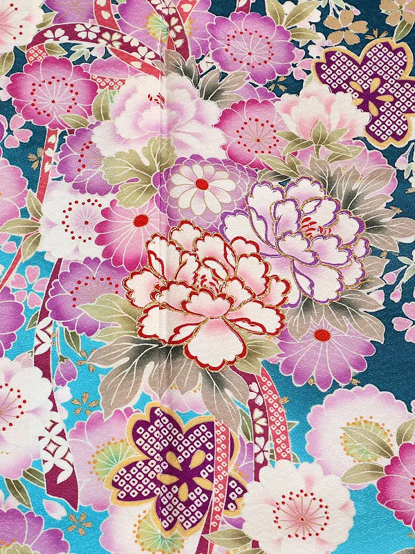 振袖 青系 薬玉に八重桜 0969