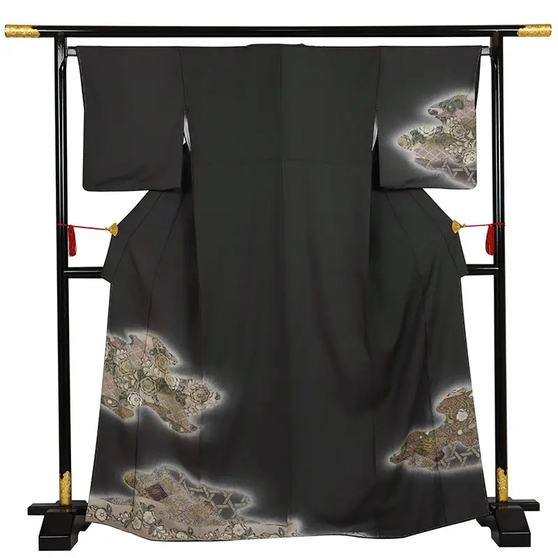 訪問着 正絹 カーキ系 四季花 1192