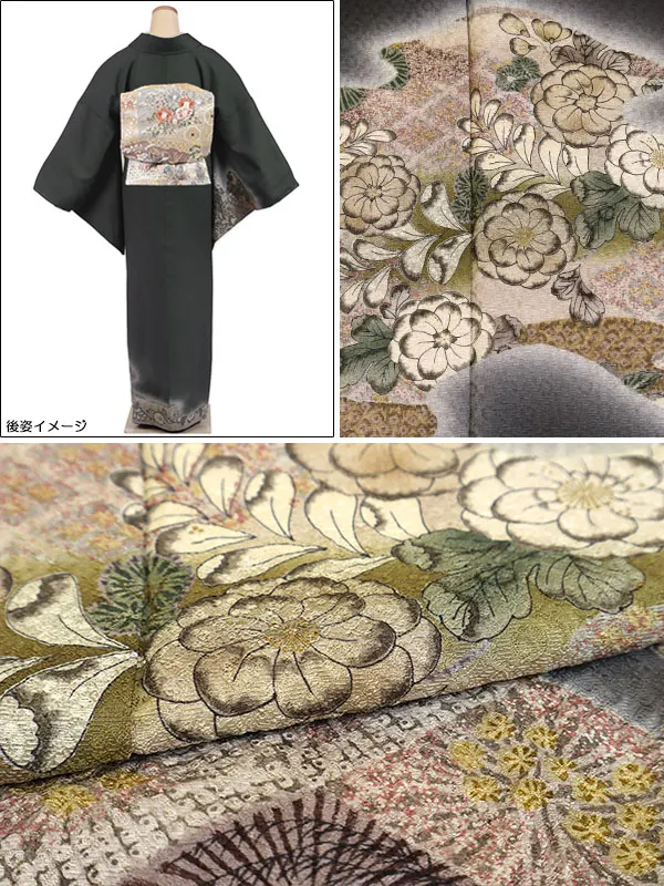 訪問着 正絹 カーキ系 四季花 1192