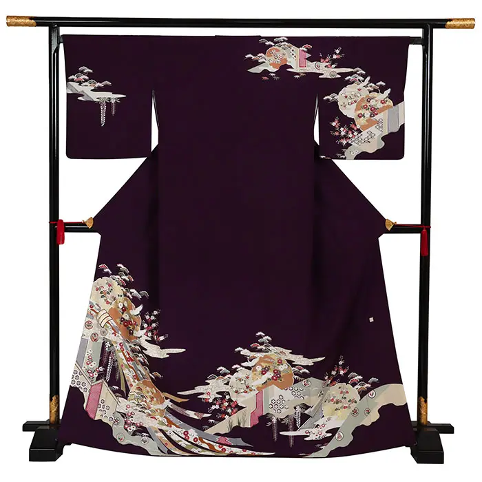 訪問着 紫系 熨斗に雪輪文様 1285