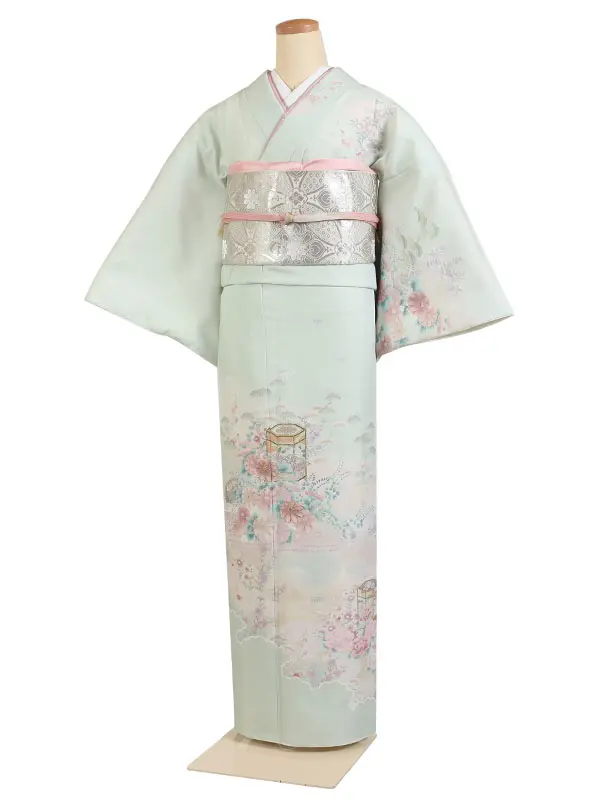 訪問着 緑系 貝桶に四季花 1307