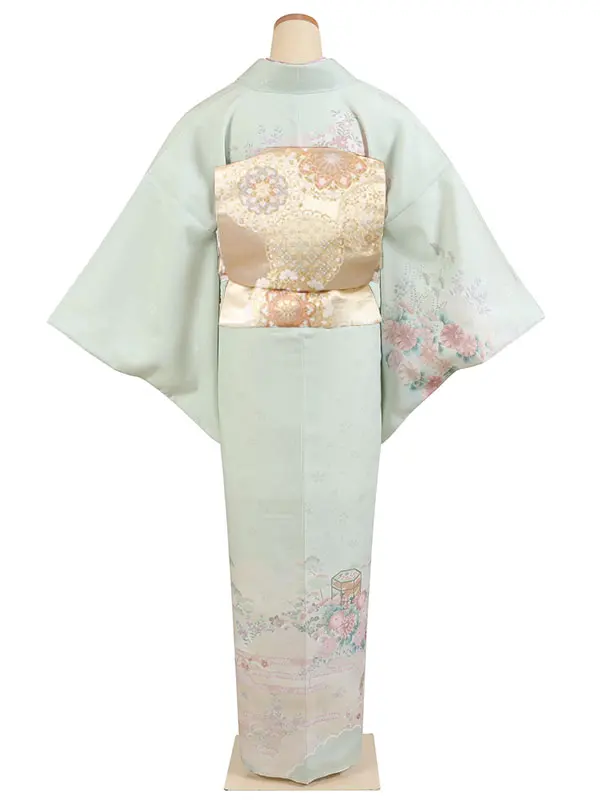 訪問着 緑系 貝桶に四季花 1307
