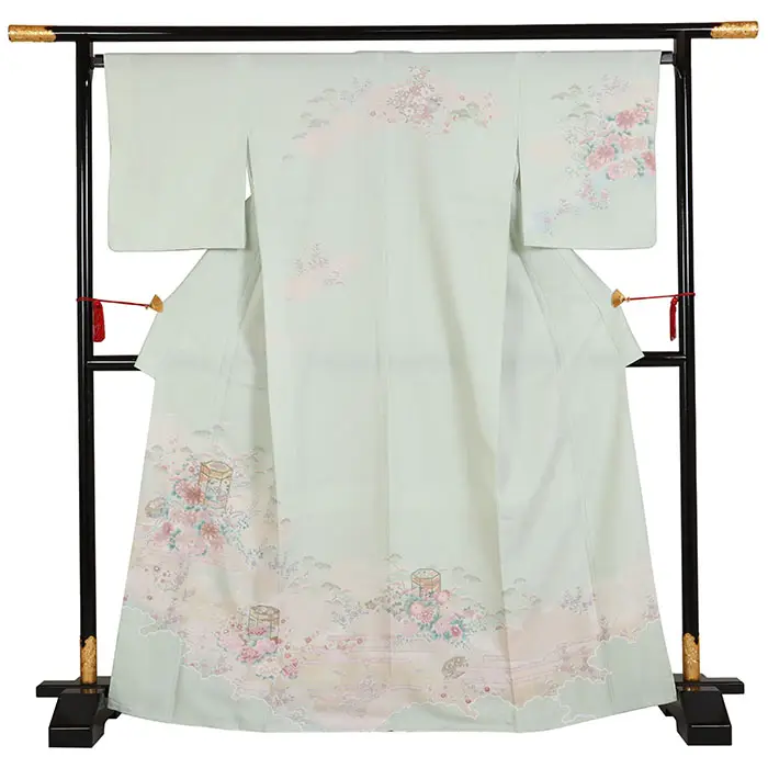 訪問着 緑系 貝桶に四季花 1307