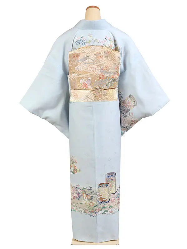 訪問着 水色系 貝桶に四季花 1310