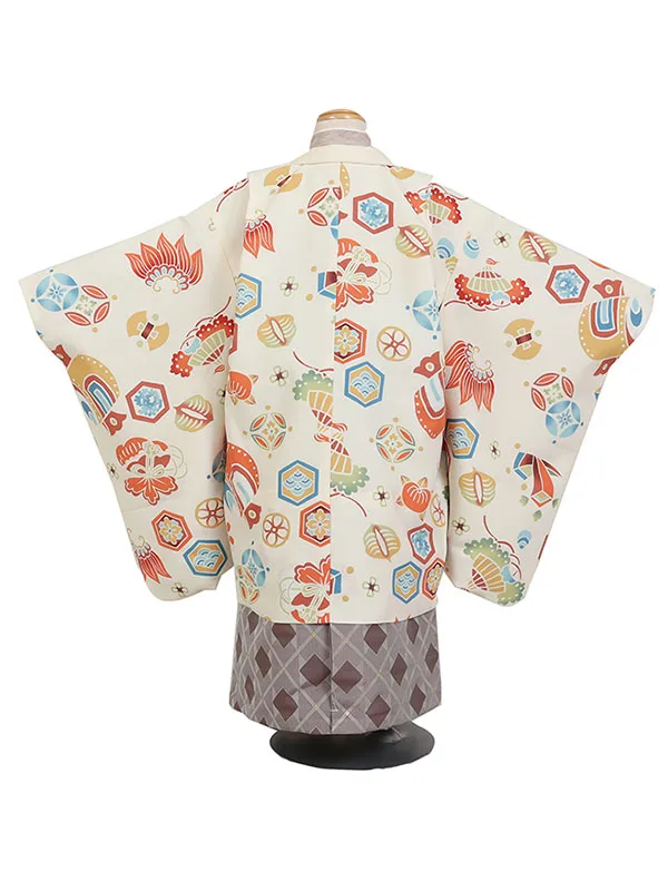 かんたん七五三レンタル・5才男児袴  ベージュ 宝尽くし 茶系袴 0112