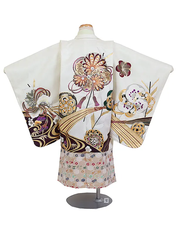 かんたん七五三レンタル・5才男児袴 白系 ねじり梅 ベージュ亀甲柄 0122