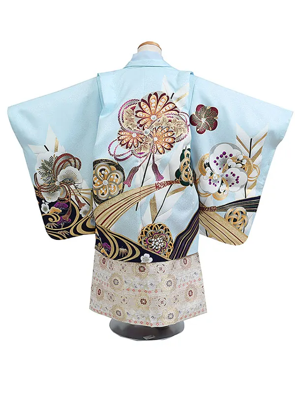 かんたん七五三レンタル・5才男児袴 水色系ねじり梅 ベージュ系袴 0128