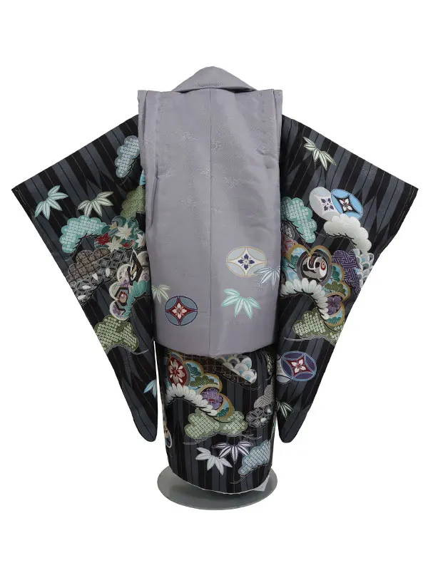 七五三レンタル 3才男児 被布 黒×グレー系 矢絣 3162