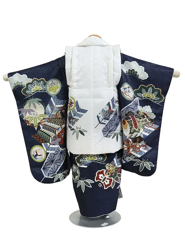 七五三レンタル 3才男児 被布 青×白系 破魔矢に吉祥文様 3163