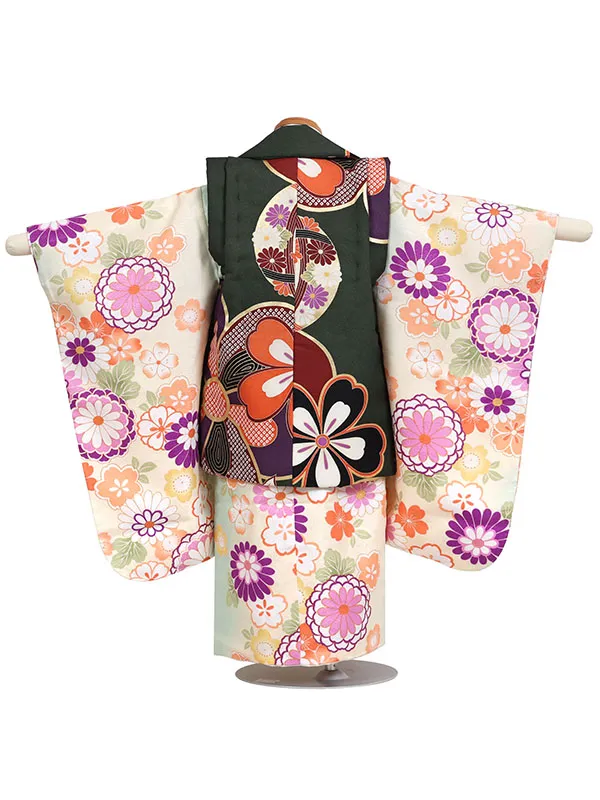 七五三・3才女児被布 緑系×黄系 桜と菊 3154