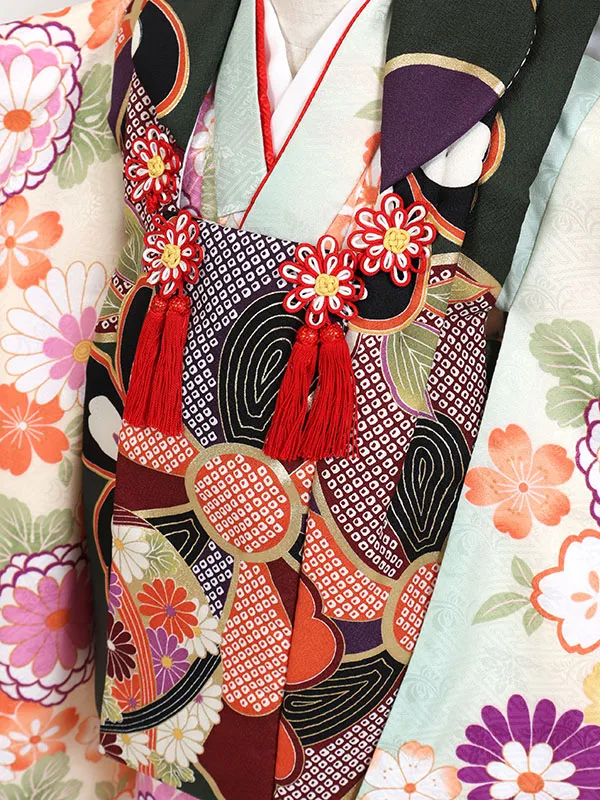 七五三・3才女児被布 緑系×黄系 桜と菊 3154