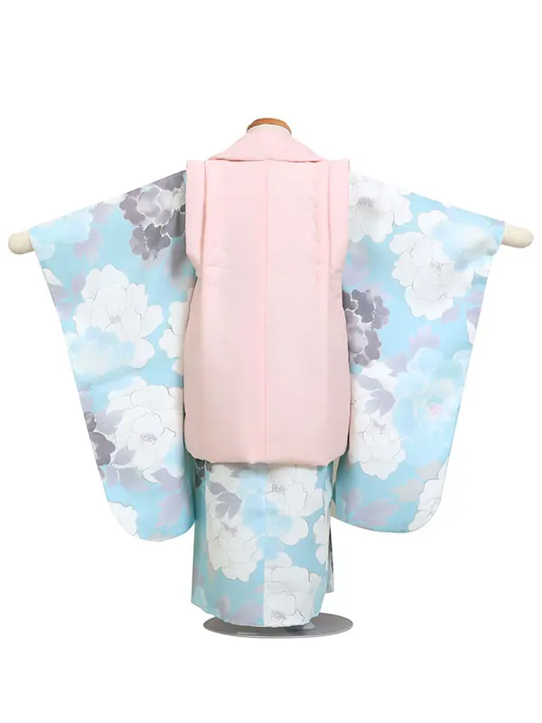 七五三・3才女児被布 ピンク系×水色系 大輪の牡丹 3159