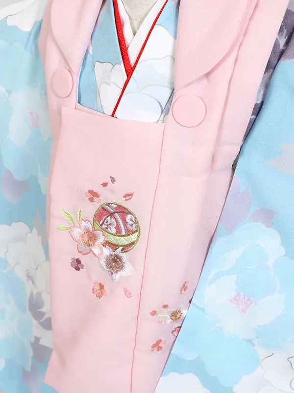 七五三・3才女児被布 ピンク系×水色系 大輪の牡丹 3159