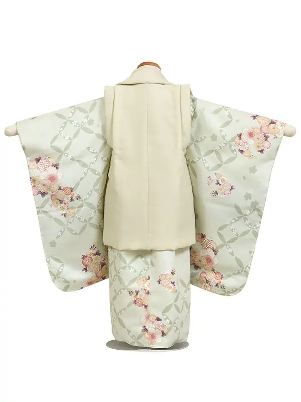 七五三・3才女児被布 ベージュ系×緑系 破れ七宝に花束 3163