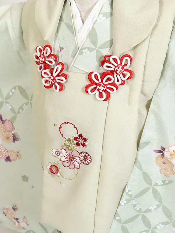 七五三・3才女児被布 ベージュ系×緑系 破れ七宝に花束 3163