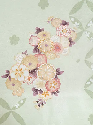 七五三・3才女児被布 ベージュ系×緑系 破れ七宝に花束 3163