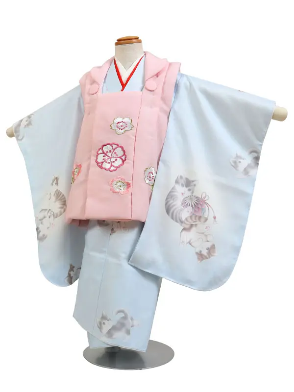 七五三・3才女児被布 水色系/ピンク系 猫 3172