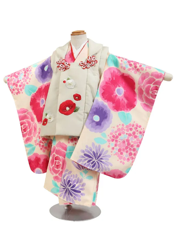 七五三・3才女児被布 クリーム系 あじさい 3176