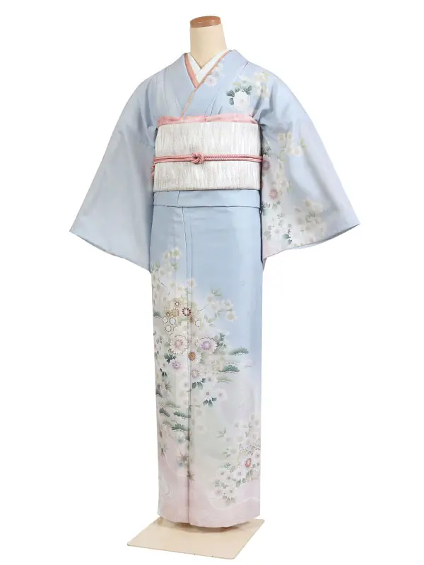 6月/9月 訪問着 単衣 水色系 菊花雪輪  0210