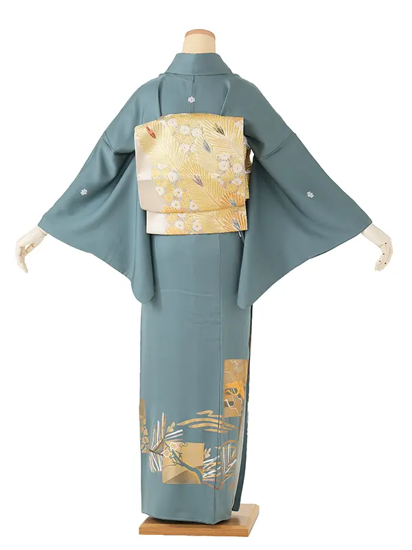 色留袖 6652 手刺繍 浅葱鼠色 金駒 色紙に松葉 高級品