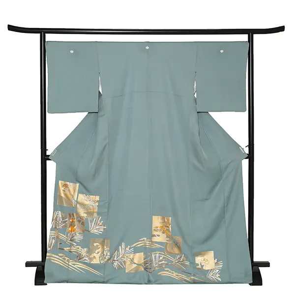 色留袖 6652 手刺繍 浅葱鼠色 金駒 色紙に松葉 高級品