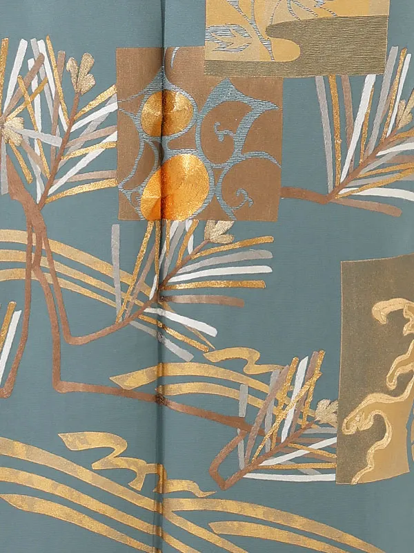 色留袖 6652 手刺繍 浅葱鼠色 金駒 色紙に松葉 高級品