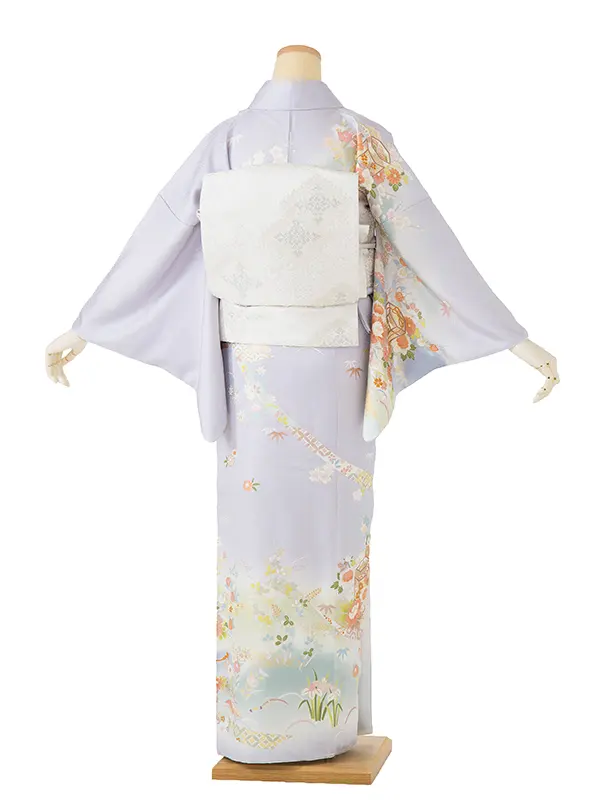 【正絹】訪問着  藤色  貝桶に四季草花