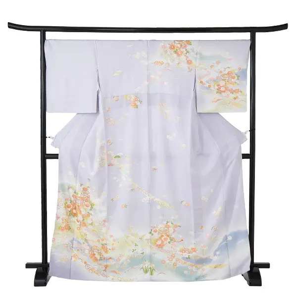 【正絹】訪問着  藤色  貝桶に四季草花