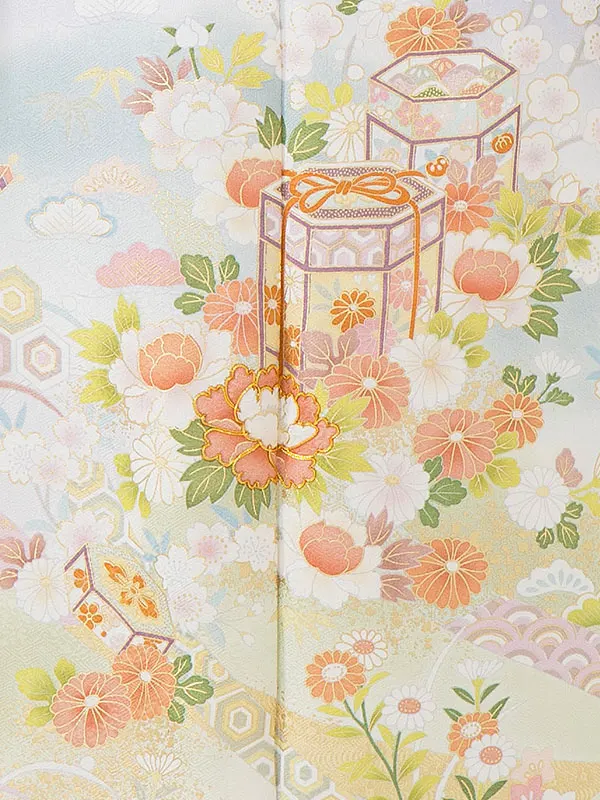 【正絹】訪問着  藤色  貝桶に四季草花