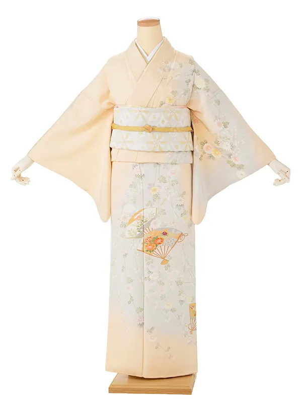 【正絹】訪問着  クリーム 枝垂れ菊に花扇面
