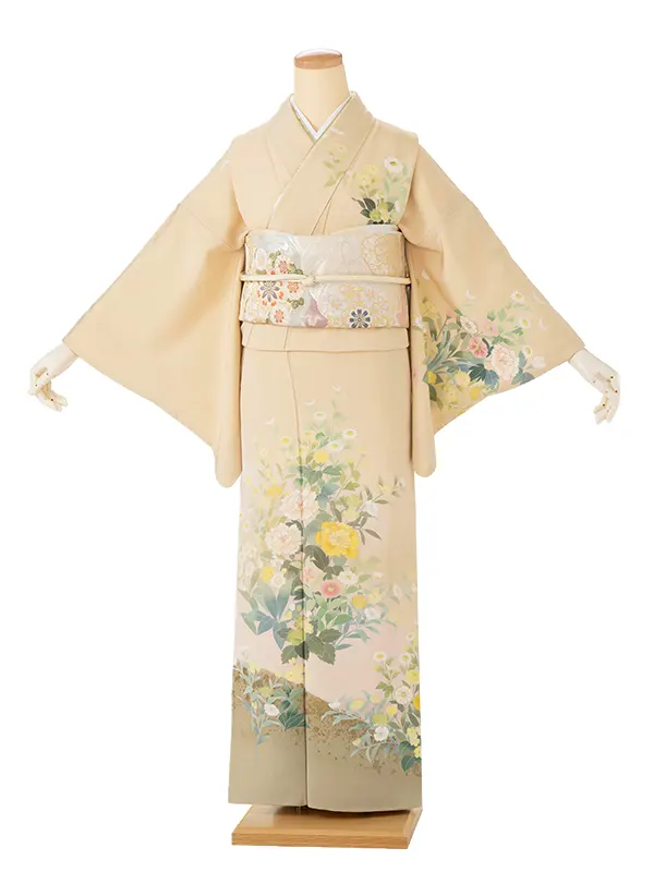 【正絹】訪問着 ベージュ 牡丹に小花の集い