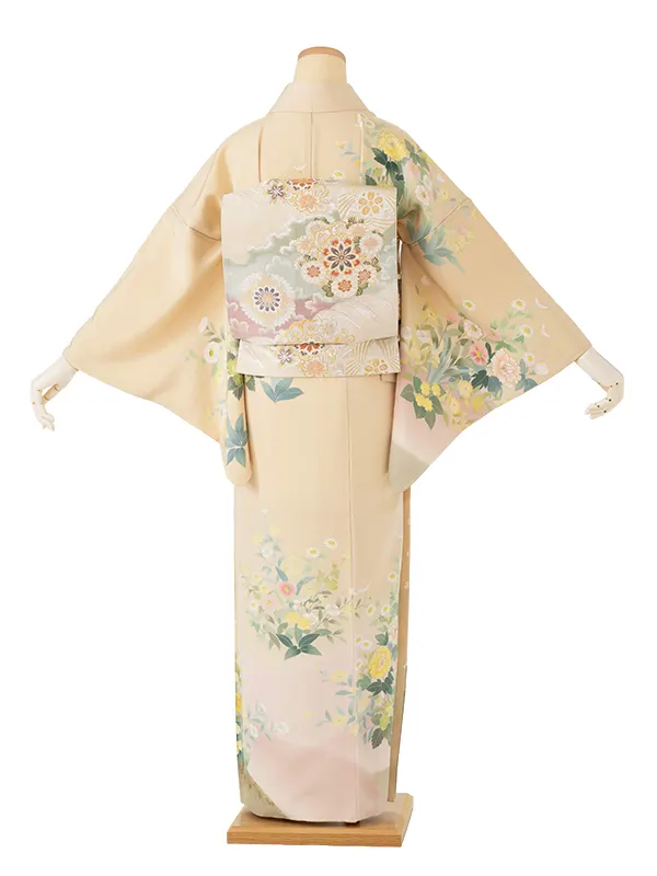 【正絹】訪問着 ベージュ 牡丹に小花の集い