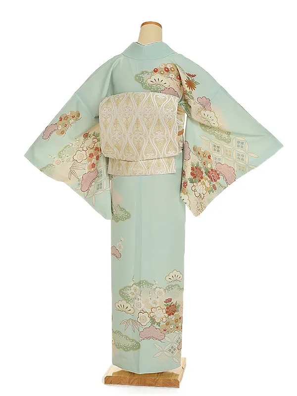 【Sサイズ】訪問着 ジャパンスタイル 水色 牡丹に菊