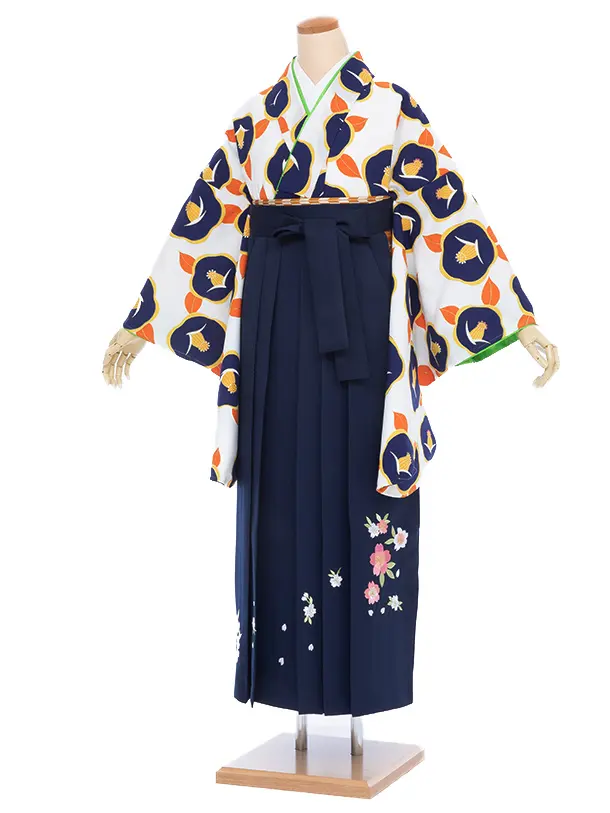 【大きい袴 トール 170ｃｍ前後】白 椿/紺 桜刺繍 高身長　
