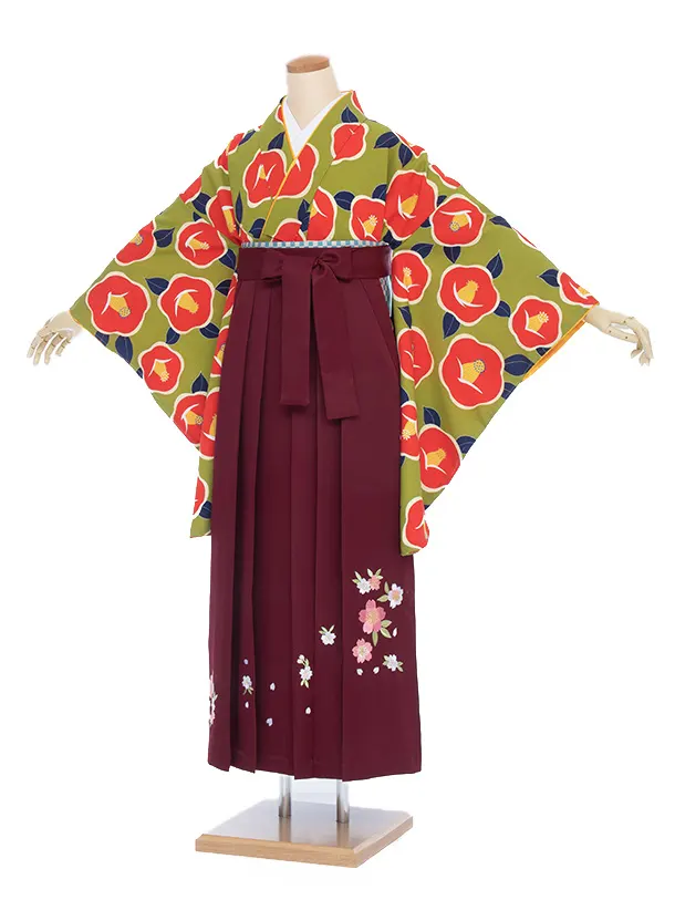 【大きい袴 トール 170ｃｍ前後】グリーン 椿/えんじ 桜刺繍 高身長　