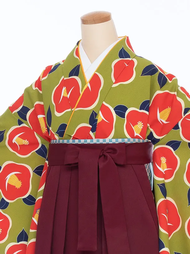 【大きい袴 トール 170ｃｍ前後】グリーン 椿/えんじ 桜刺繍 高身長　