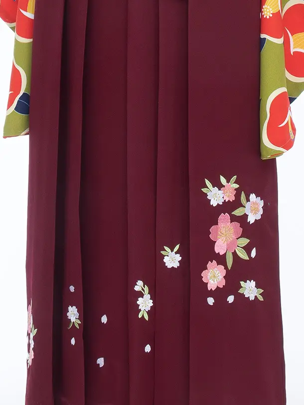 【大きい袴 トール 170ｃｍ前後】グリーン 椿/えんじ 桜刺繍 高身長　