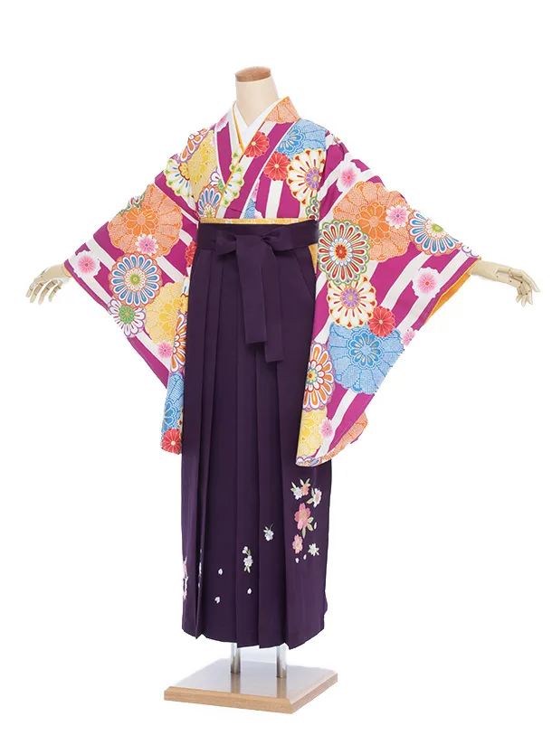 【大きい袴 トール 170ｃｍ前後】紫 よろけ縞に丸菊/紫 桜刺繍 高身長