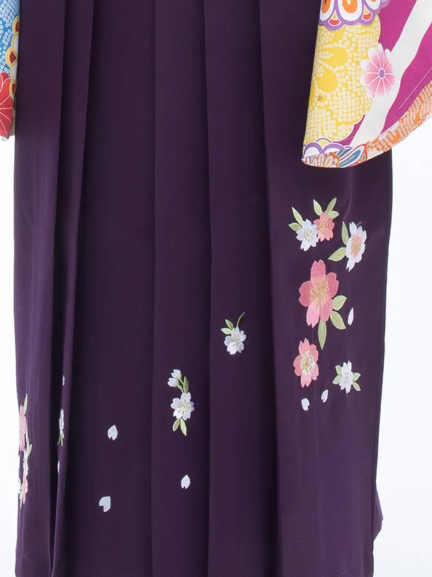【大きい袴 トール 170ｃｍ前後】紫 よろけ縞に丸菊/紫 桜刺繍 高身長