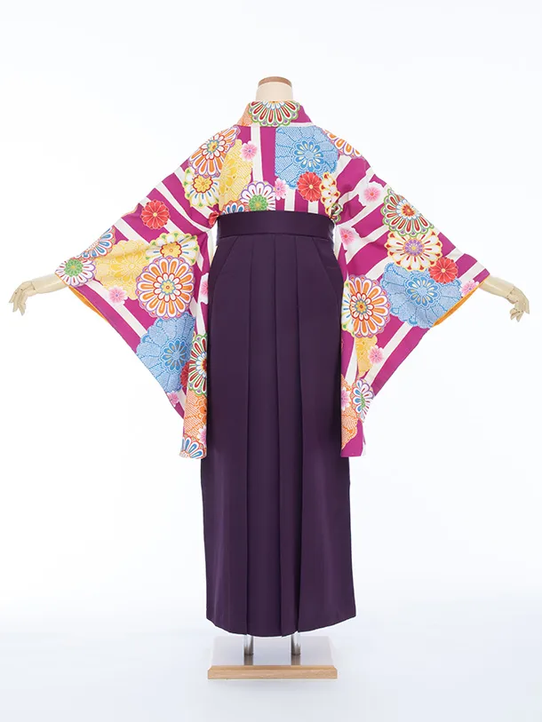 【大きい袴 トール 170ｃｍ前後】紫 よろけ縞に丸菊/紫 桜刺繍 高身長