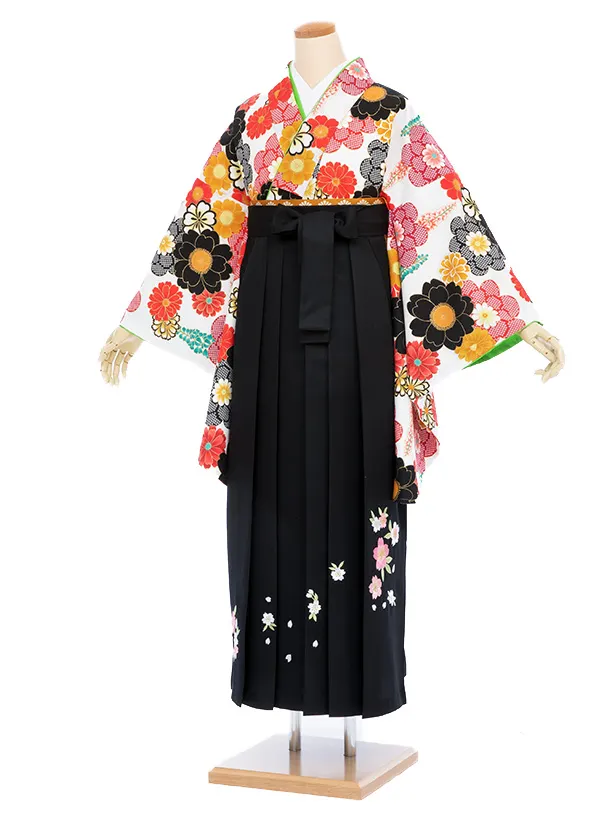 【大きい袴 トール 170ｃｍ前後】白 桜に下り藤/黒 桜刺繍 高身長　