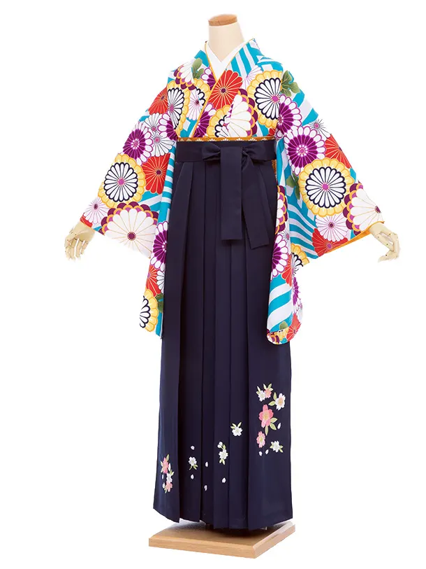 【大きい袴 トール 170ｃｍ前後】水色  白 丸菊/紺 桜刺繍 高身長