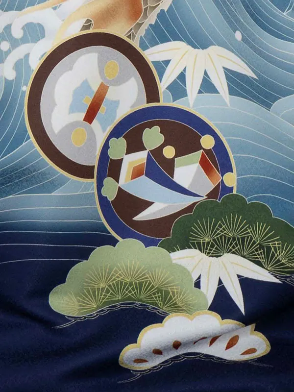 男児産着1075 紺 昇り竜 青海波