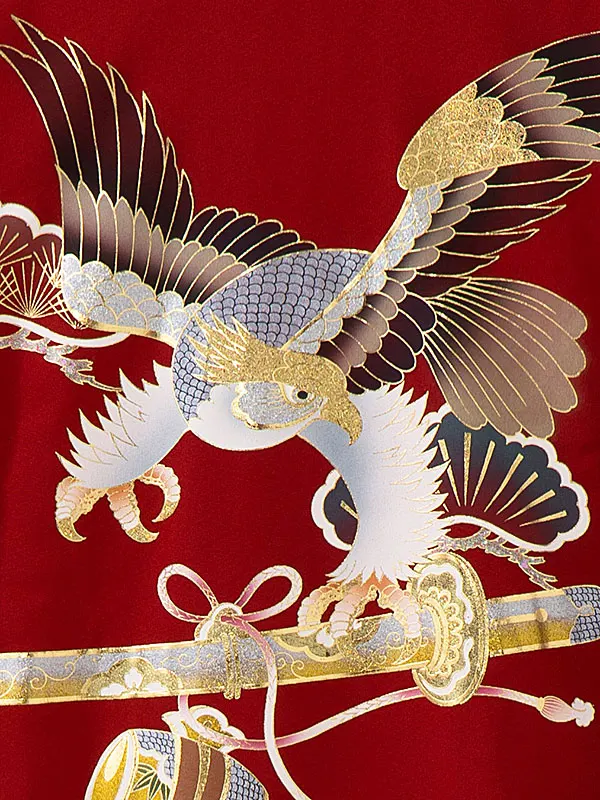 男児産着1097 正絹 えんじ 金彩 鷹・松・富士・武具 高級品