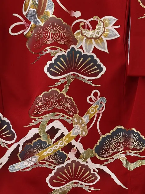 男児産着1097 正絹 えんじ 金彩 鷹・松・富士・武具 高級品