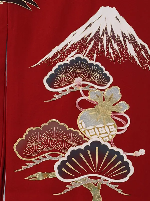 男児産着1097 正絹 えんじ 金彩 鷹・松・富士・武具 高級品